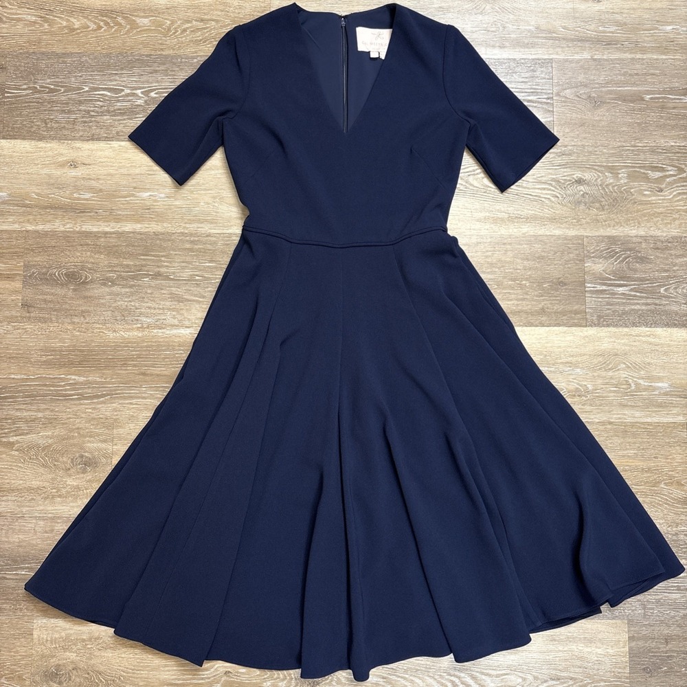 Gal Meets Glam Edith City Crepe Fit & Flare A Line Navy Blue Midi Dress Size 2